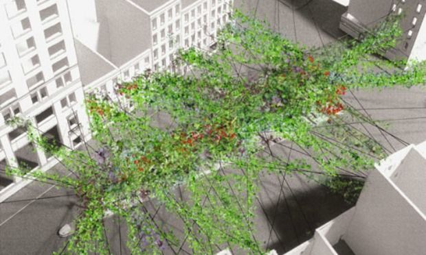 One of the ideas submitted for 'By the City/For the City': a hanging garden over empty lots and traffic islands in Petrosino Square in Manhattan.